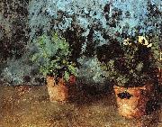 Carl Schuch Zwei Blumentopfe mit Stiefmutterchen oil on canvas